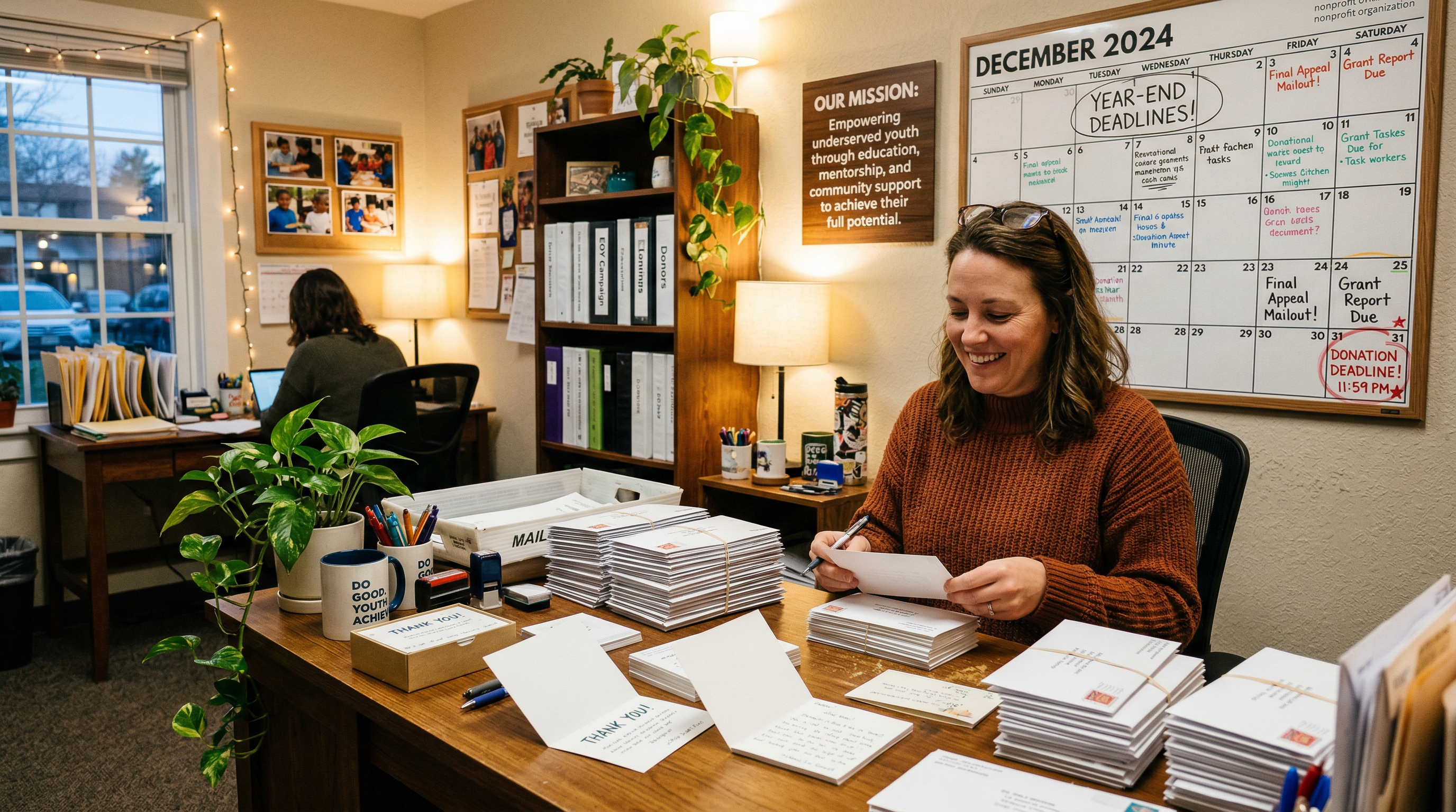 Nonprofit office with year-end calendar deadlines and thank-you cards ready to mail