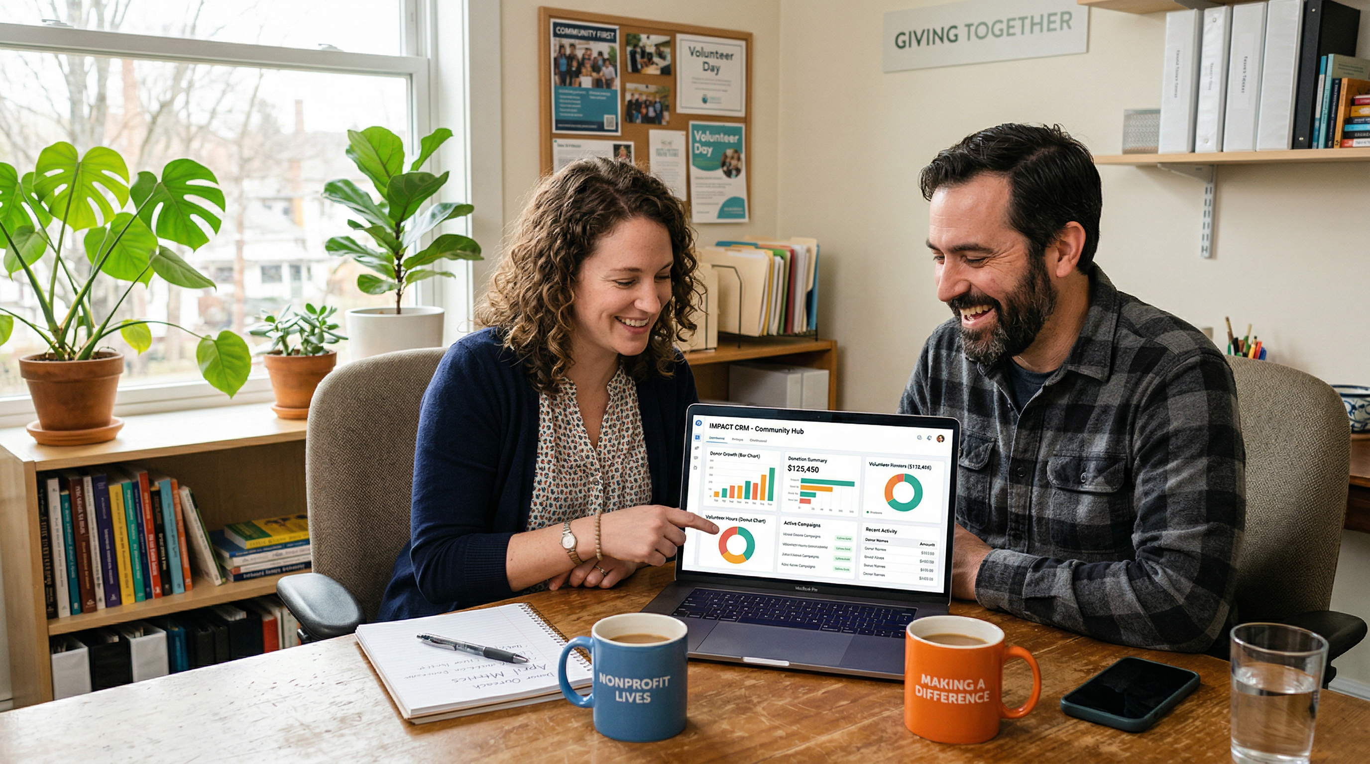 Two nonprofit team members looking at CRM dashboard together on computer