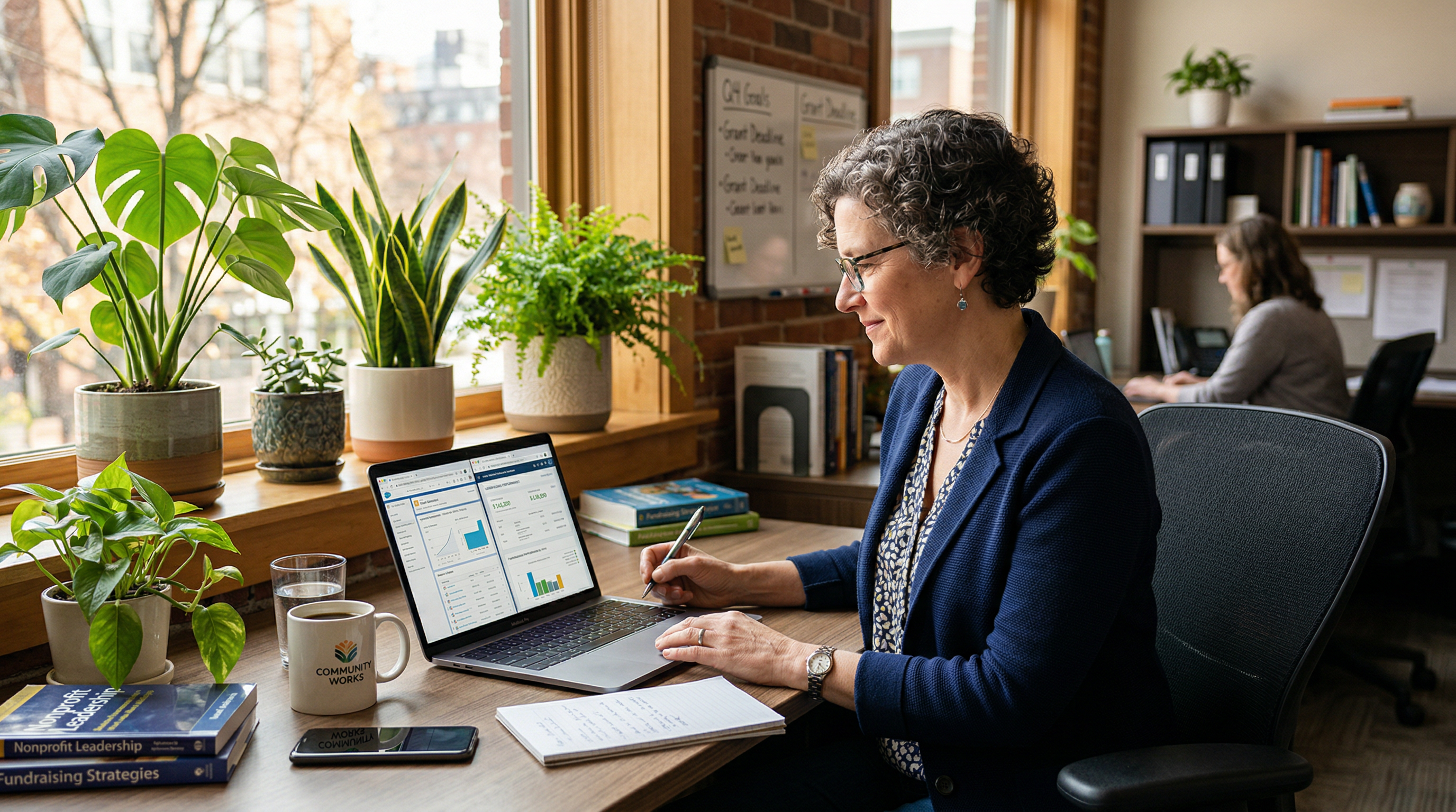 Nonprofit executive director comparing CRM software options on laptop