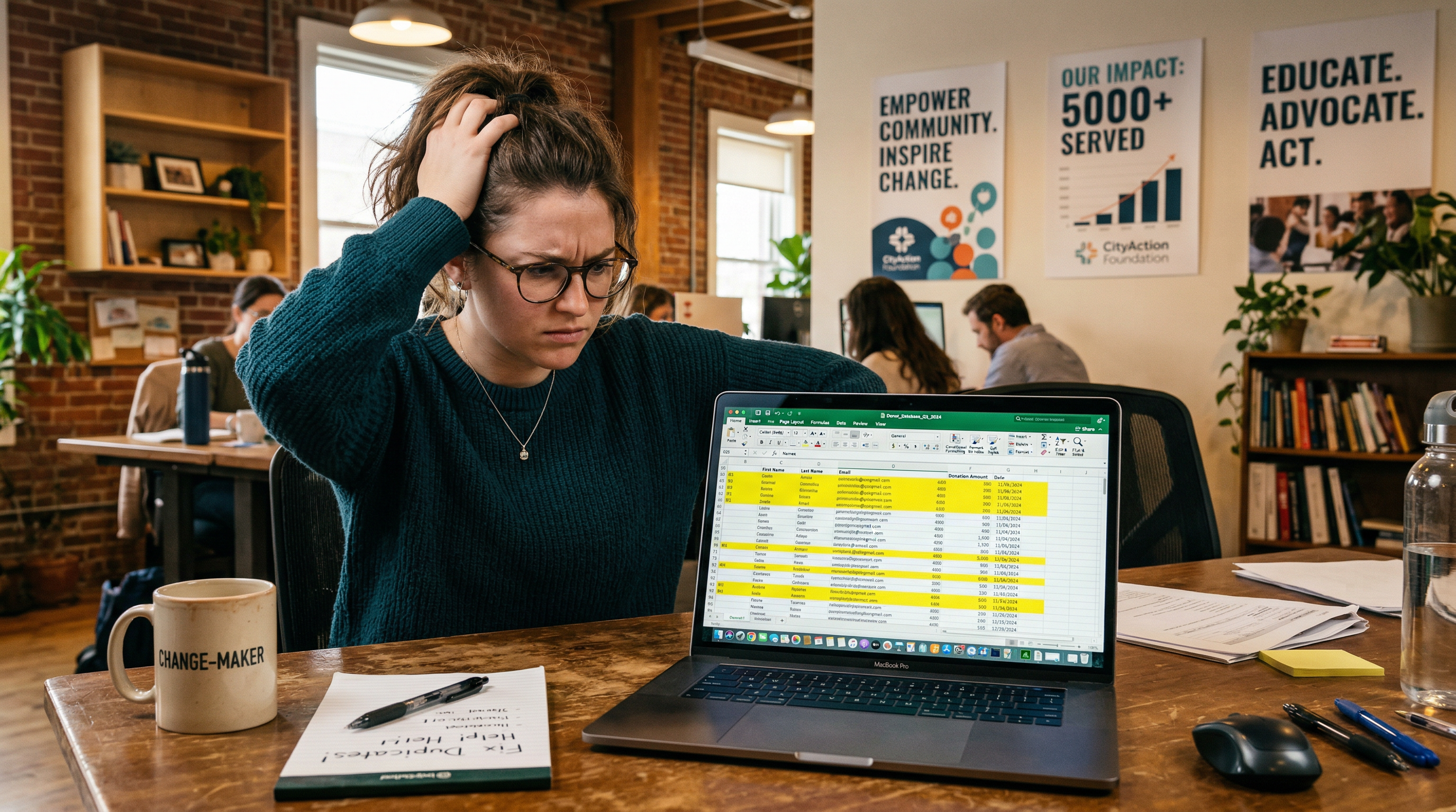 Nonprofit office worker frustrated with duplicate records in spreadsheet