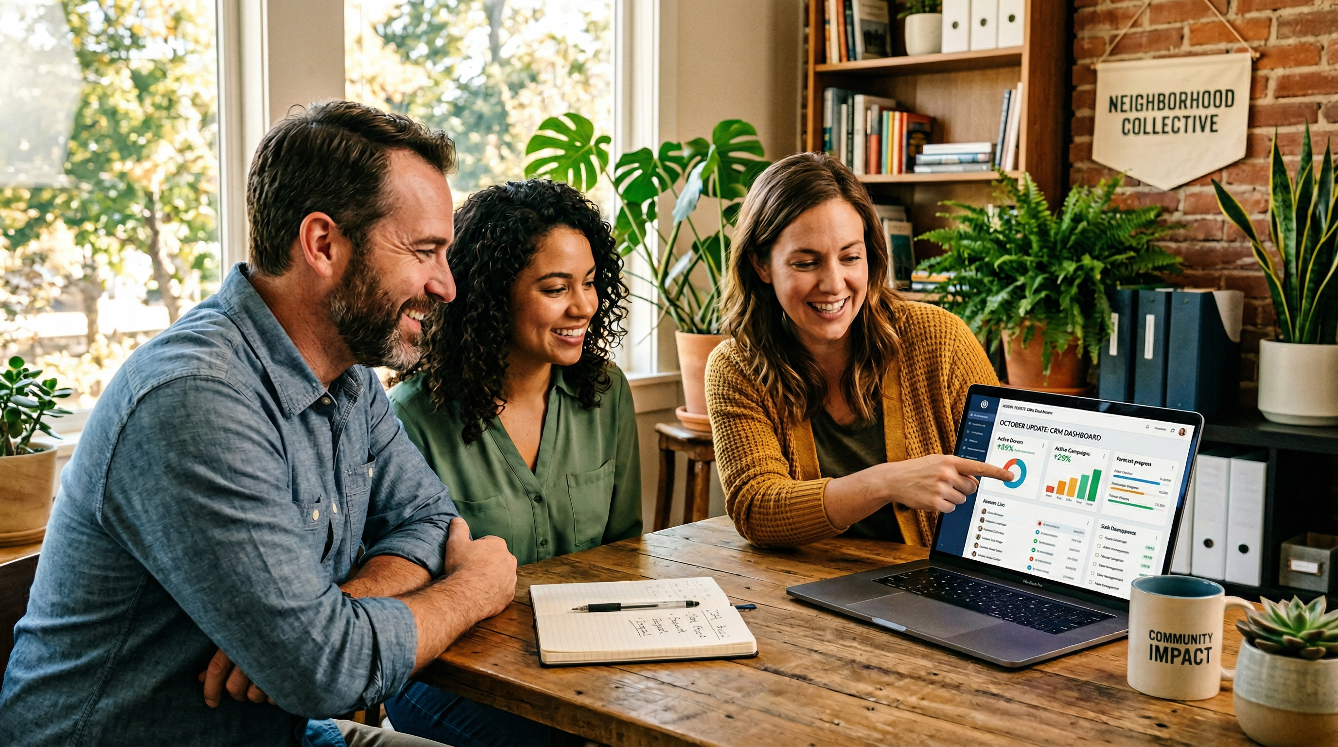 Small nonprofit team gathered around laptop viewing clean CRM dashboard