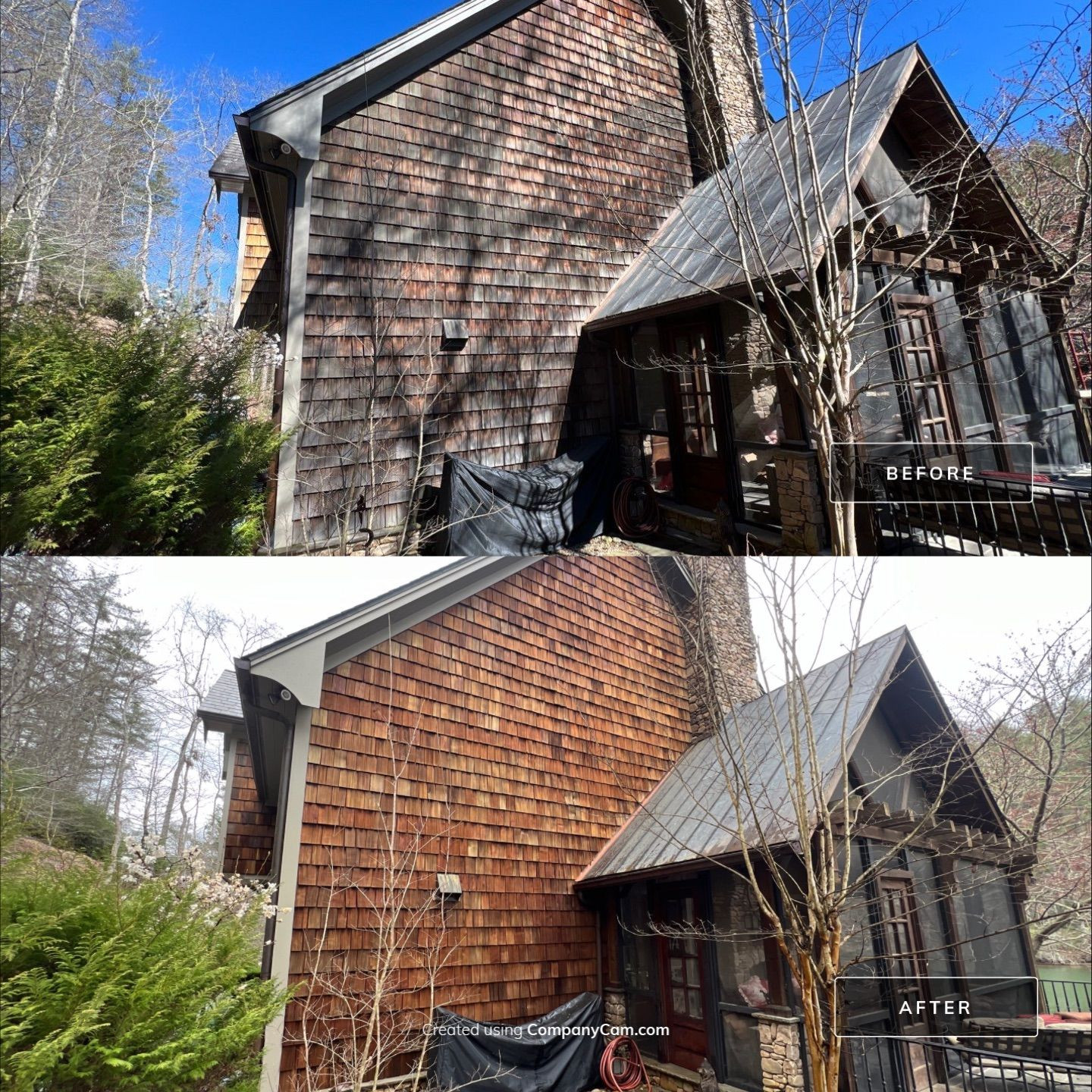 Cedar shake siding before and after professional soft wash cleaning on North Georgia mountain home