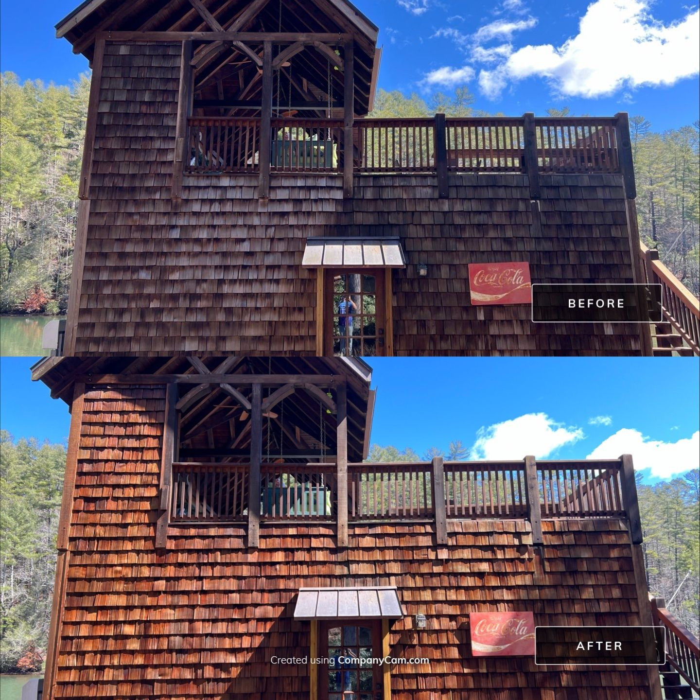 Cedar shake siding before and after on lakehouse boathouse showing dramatic color restoration