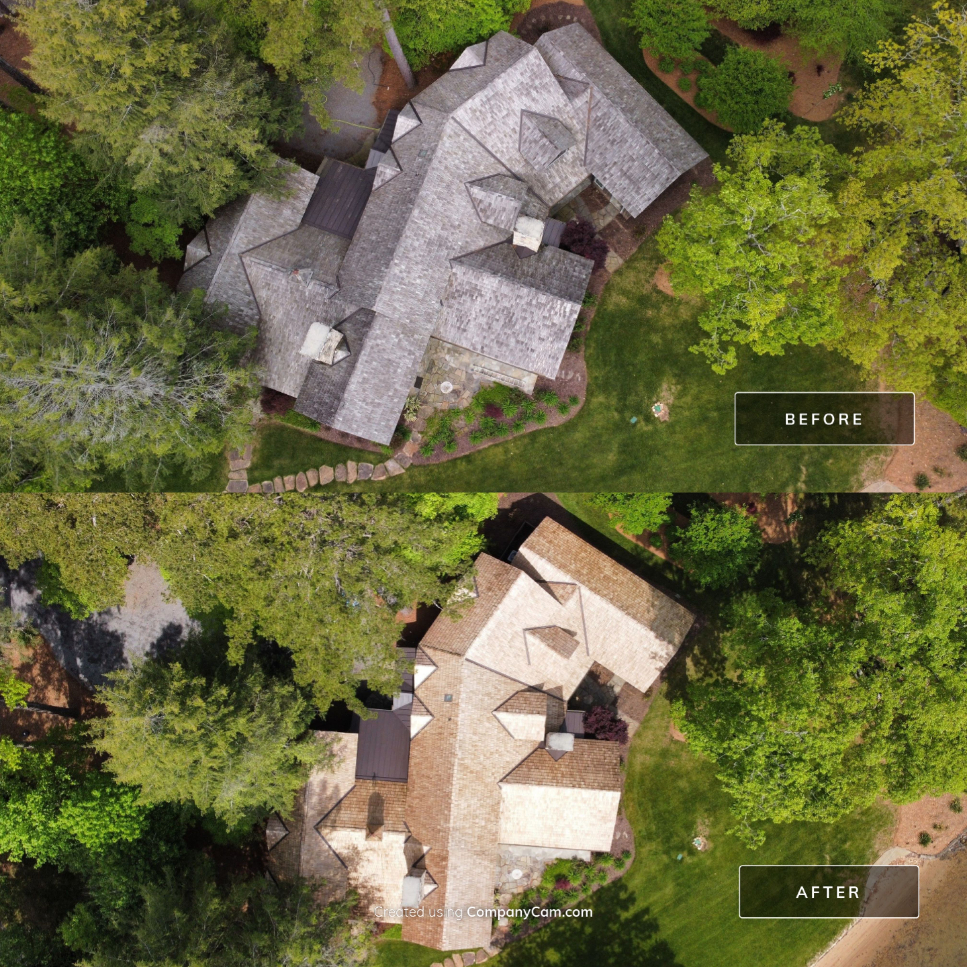 Aerial before and after of cedar shake roof cleaning showing full property transformation