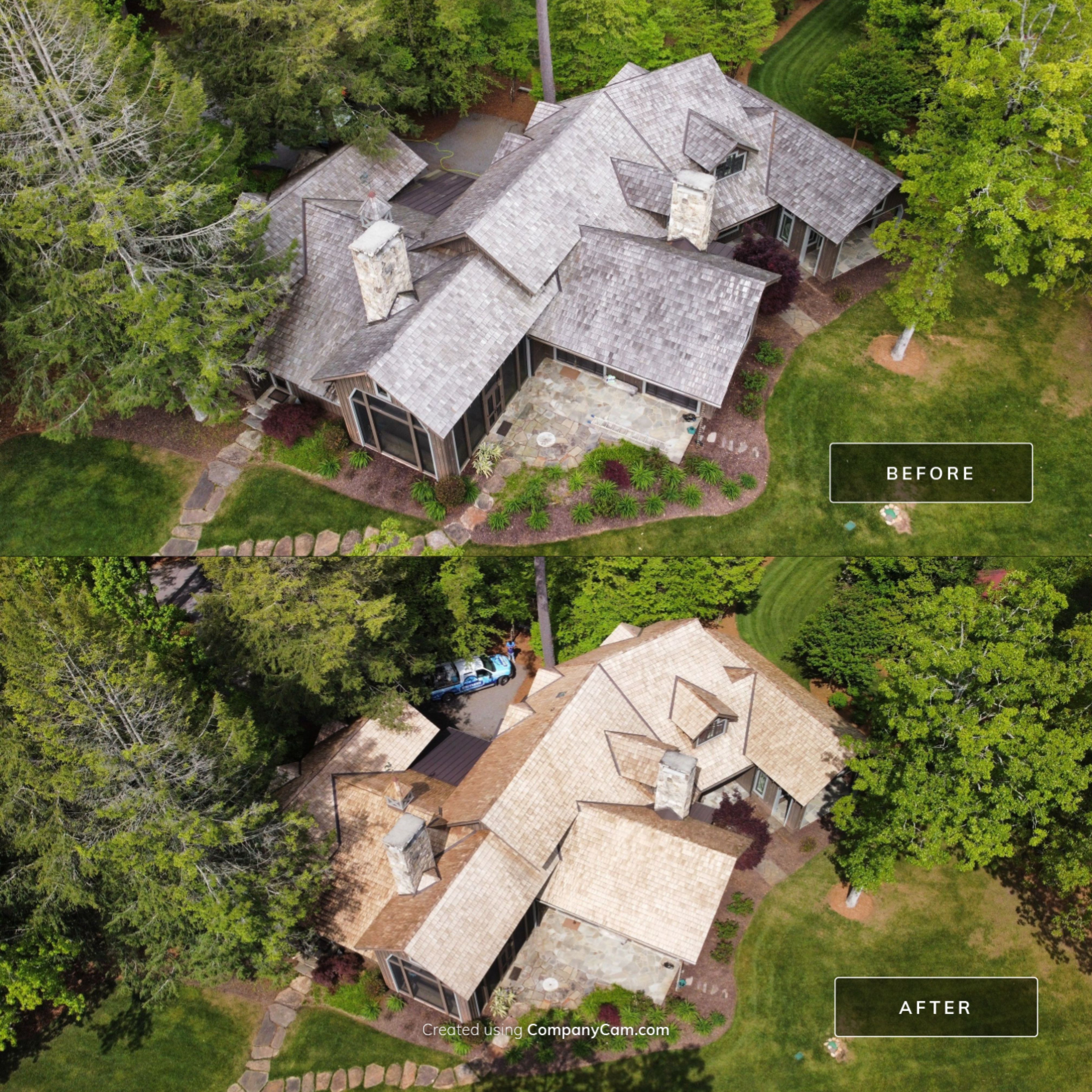 Aerial before and after of cedar shake roof cleaning showing dramatic color restoration in North Georgia