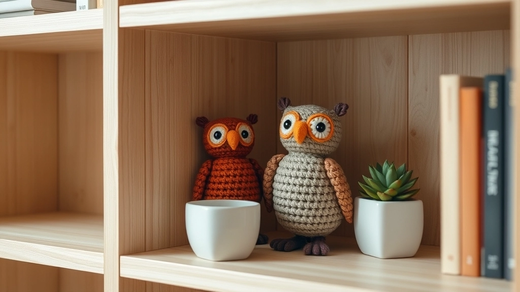 Three finished Crochet Owl Pattern projects styled as decor on a modern bookshelf.