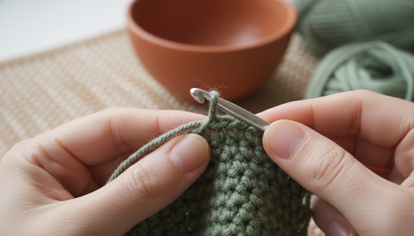A macro view of a hand working on a Crochet Owl Pattern using a single crochet stitch.
