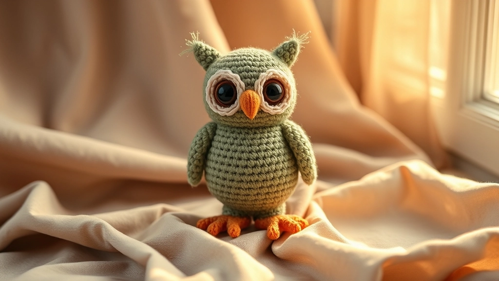 A completed and polished Crochet Owl Pattern project sitting on a linen cloth.