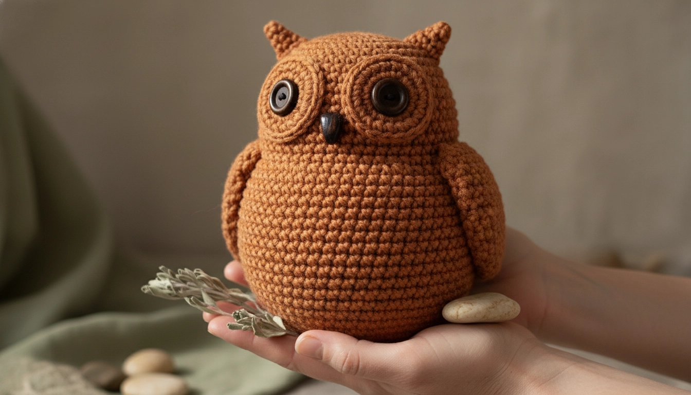 A finished Crochet Owl Pattern showing tight, professional stitches and high-quality wool texture.