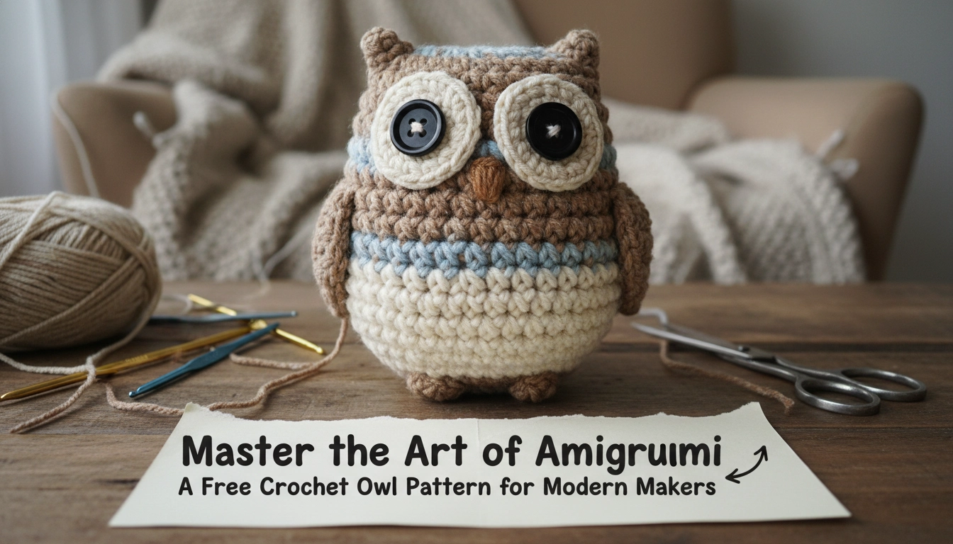 A charmingly handmade version of a Crochet Owl Pattern sitting on a rustic wooden table.