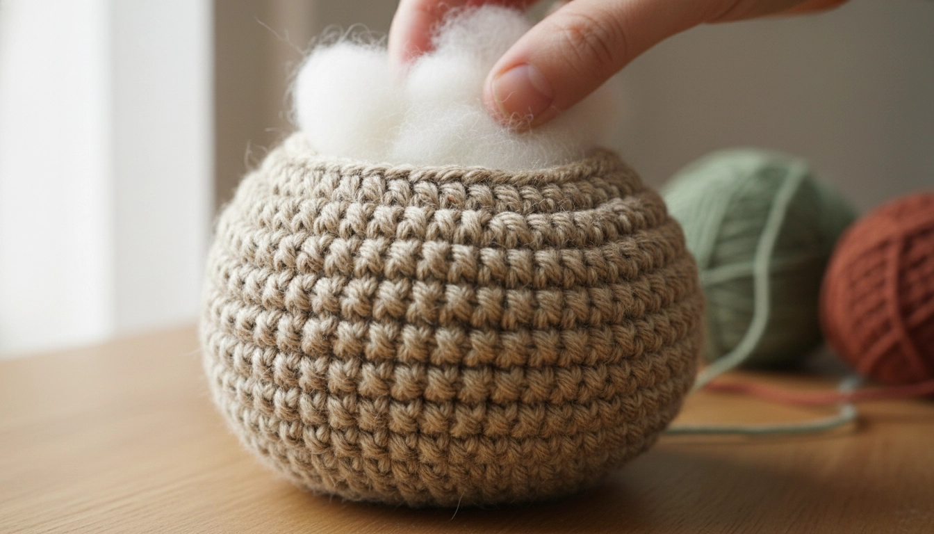 A Crochet Owl Pattern project being firmly stuffed with recycled wool roving.