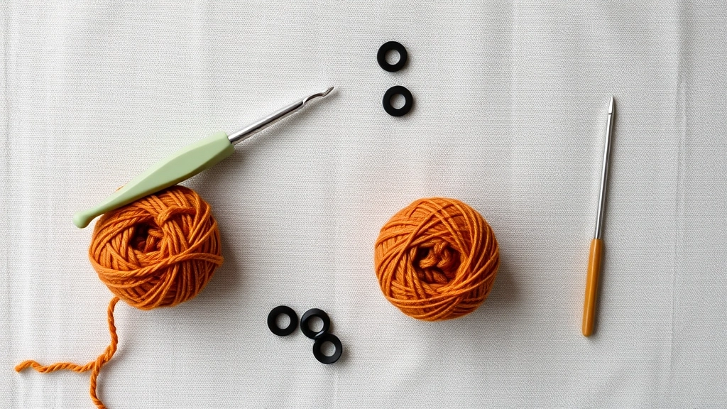 A flat lay of materials needed for a Crochet Owl Pattern including an ergonomic hook and terracotta yarn.