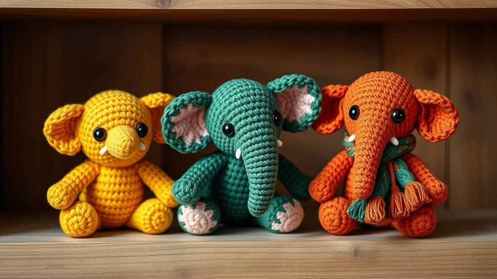 Multiple crochet elephants in different colors, one wearing a tiny knitted scarf.