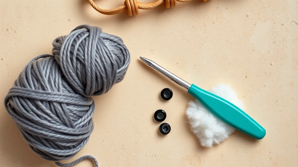 A flat lay of tools for a Crochet Elephant Pattern, including an ergonomic hook, cotton yarn, and safety eyes.