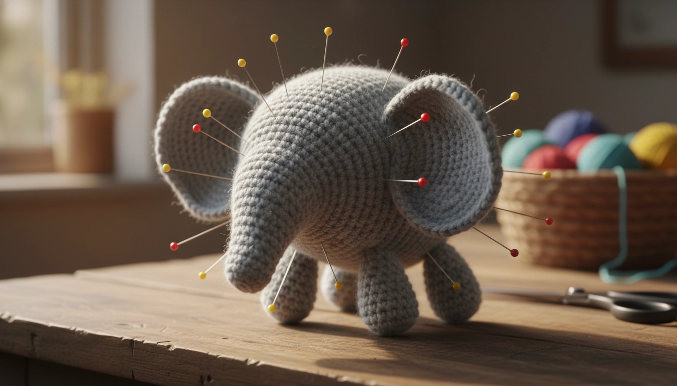 A crochet elephant body and head being held together with sewing pins to check for balance.