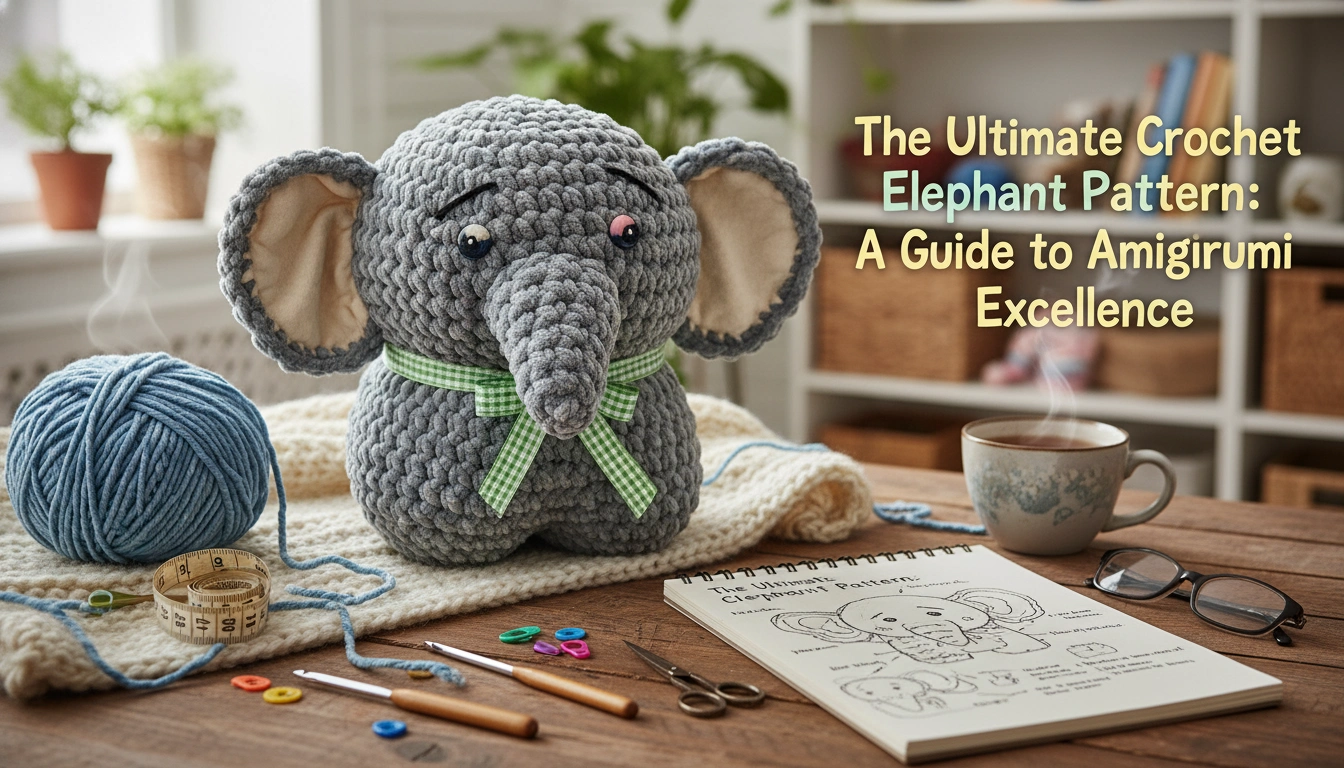 A handmade grey elephant sitting on a wooden table, created using this Crochet Elephant Pattern.