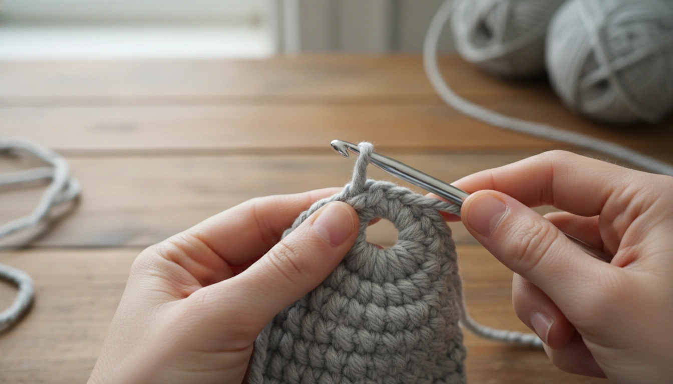 A close-up of hands beginning a magic ring with grey yarn for an elephant pattern.