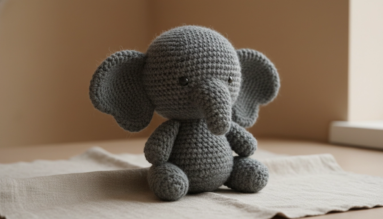 A stylish, grey amigurumi elephant with large floppy ears, emphasizing the slow-fashion aesthetic.