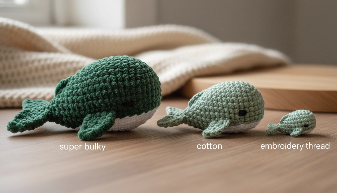 A large chunky yarn whale next to a tiny embroidery thread whale, both made from the same Crochet Whale Pattern.