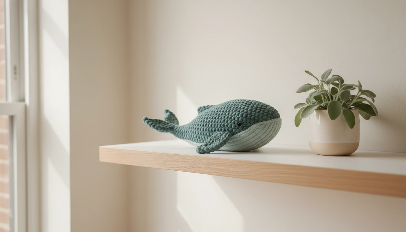 A sophisticated sage green crochet whale sitting on a modern bookshelf as a decor piece.