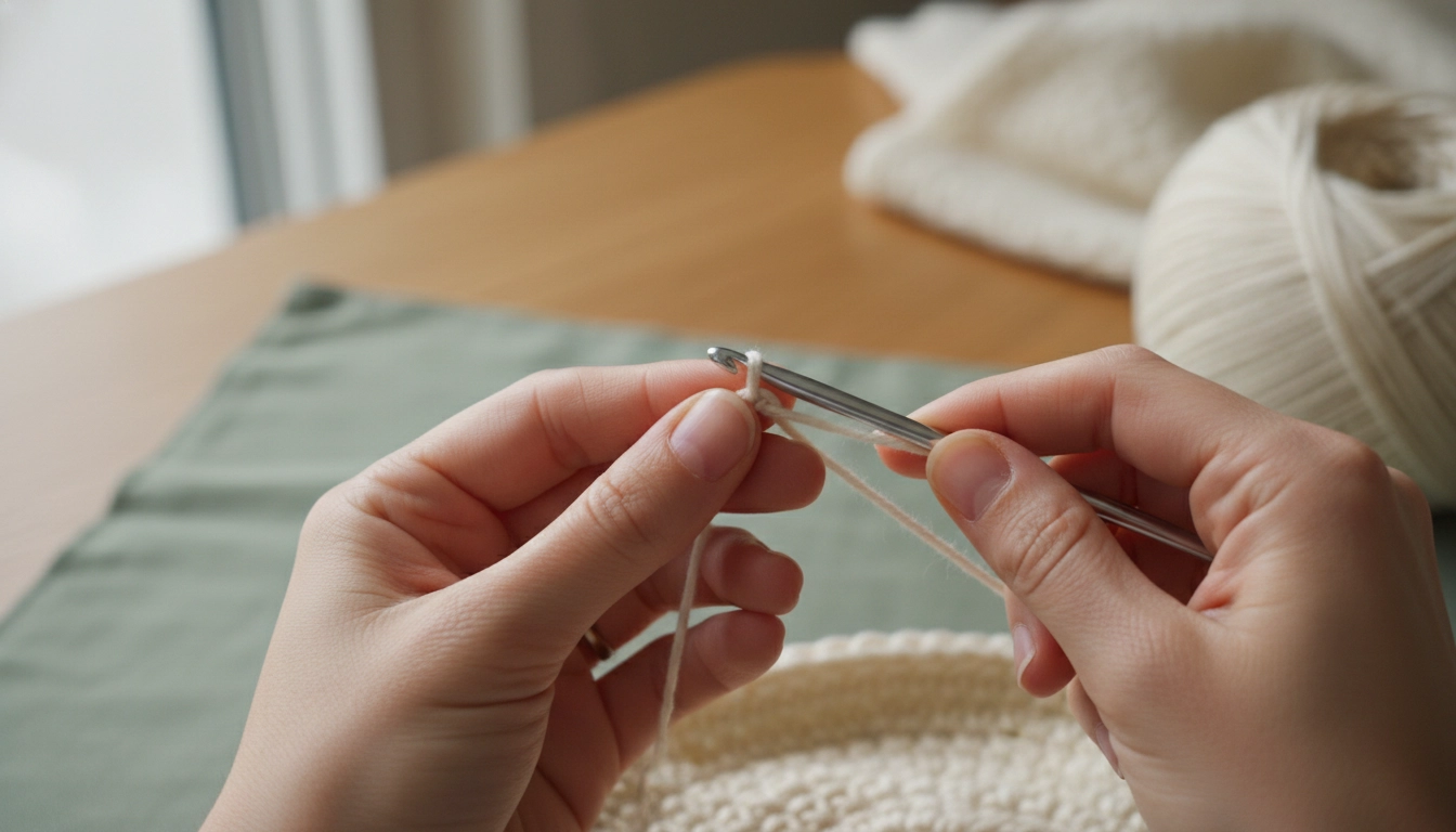Hands holding yarn and a hook to create a magic ring, the first step of the Crochet Whale Pattern.