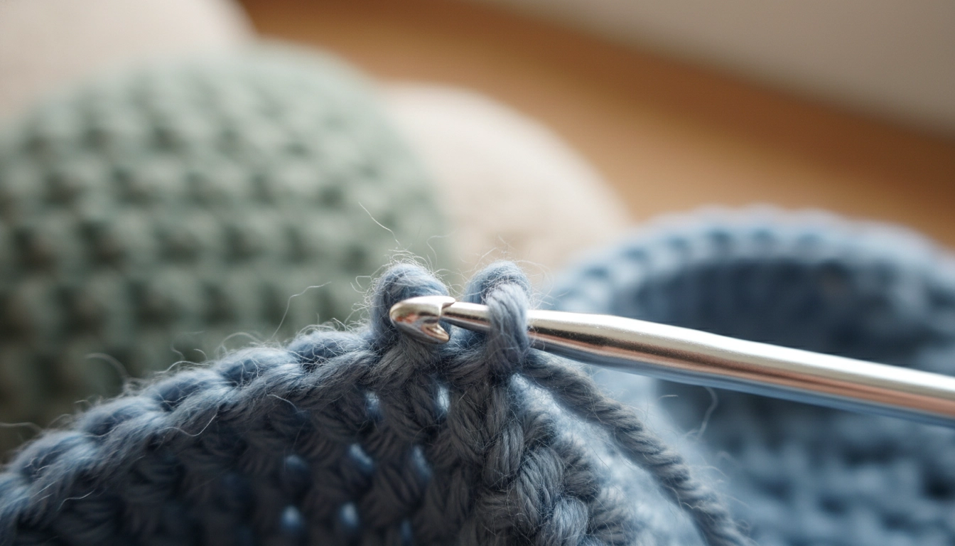 A crochet hook picking up the front loops only to create an invisible decrease in a Crochet Whale Pattern.