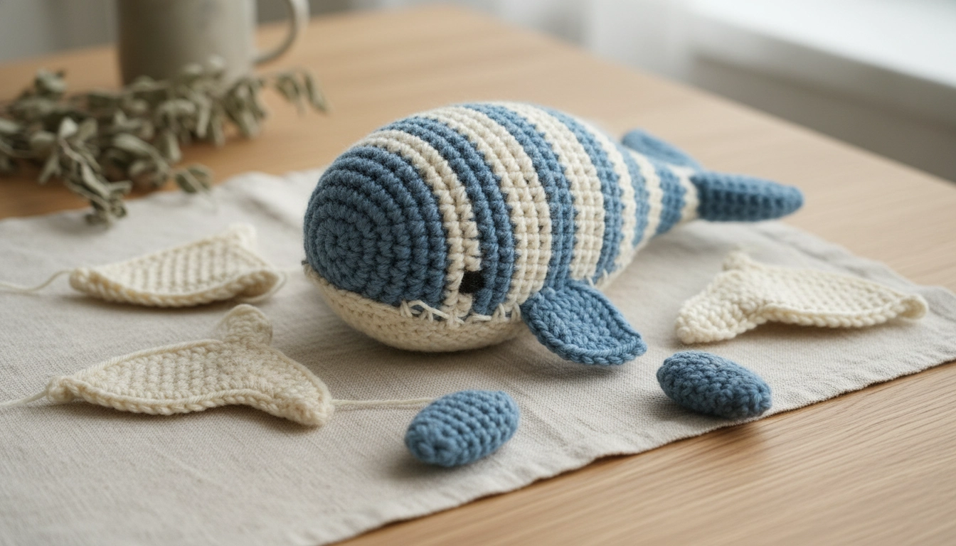The stuffed body of a whale and two small fins laid out before being sewn together.