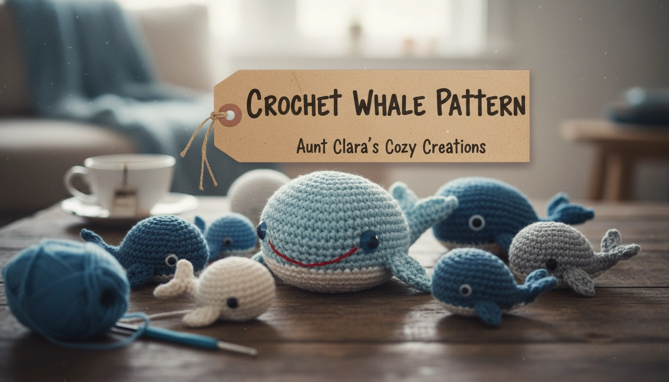 A blue and white amigurumi whale made from a Crochet Whale Pattern sitting on a rustic kitchen table next to a ball of yarn.