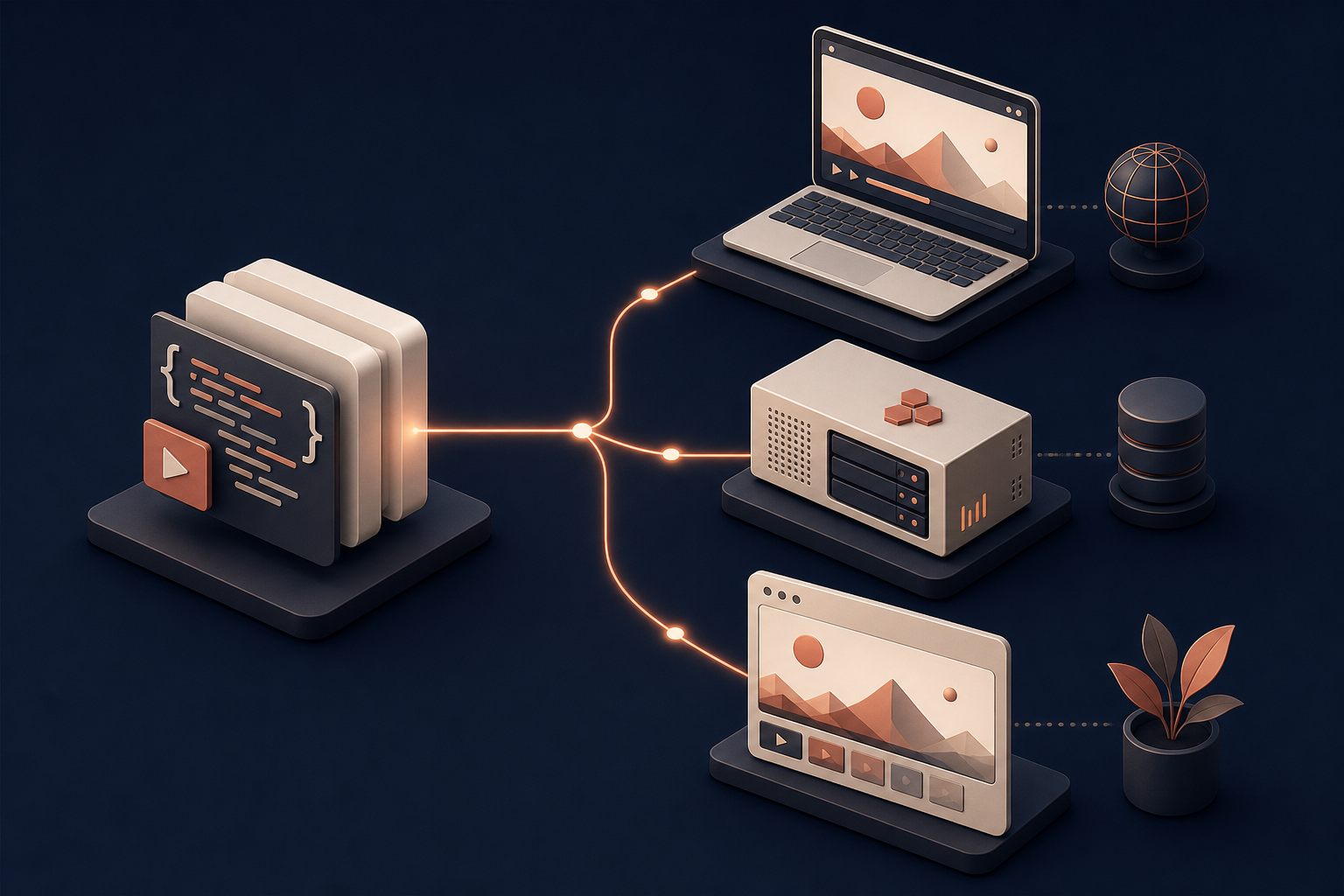 VideoFlow renderer workflow showing browser, server, and preview outputs