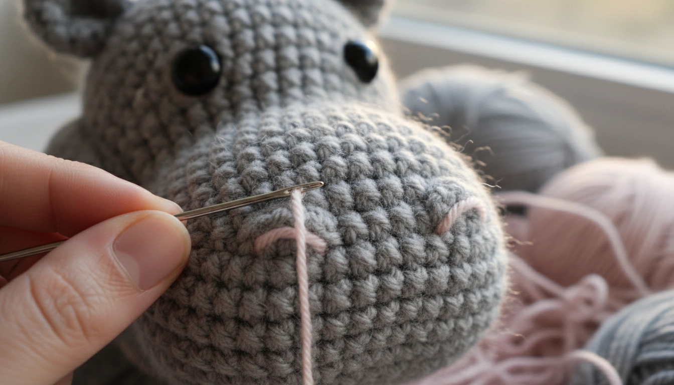 A close-up of a crochet hippo face with an embroidery needle adding small pink nostril details.
