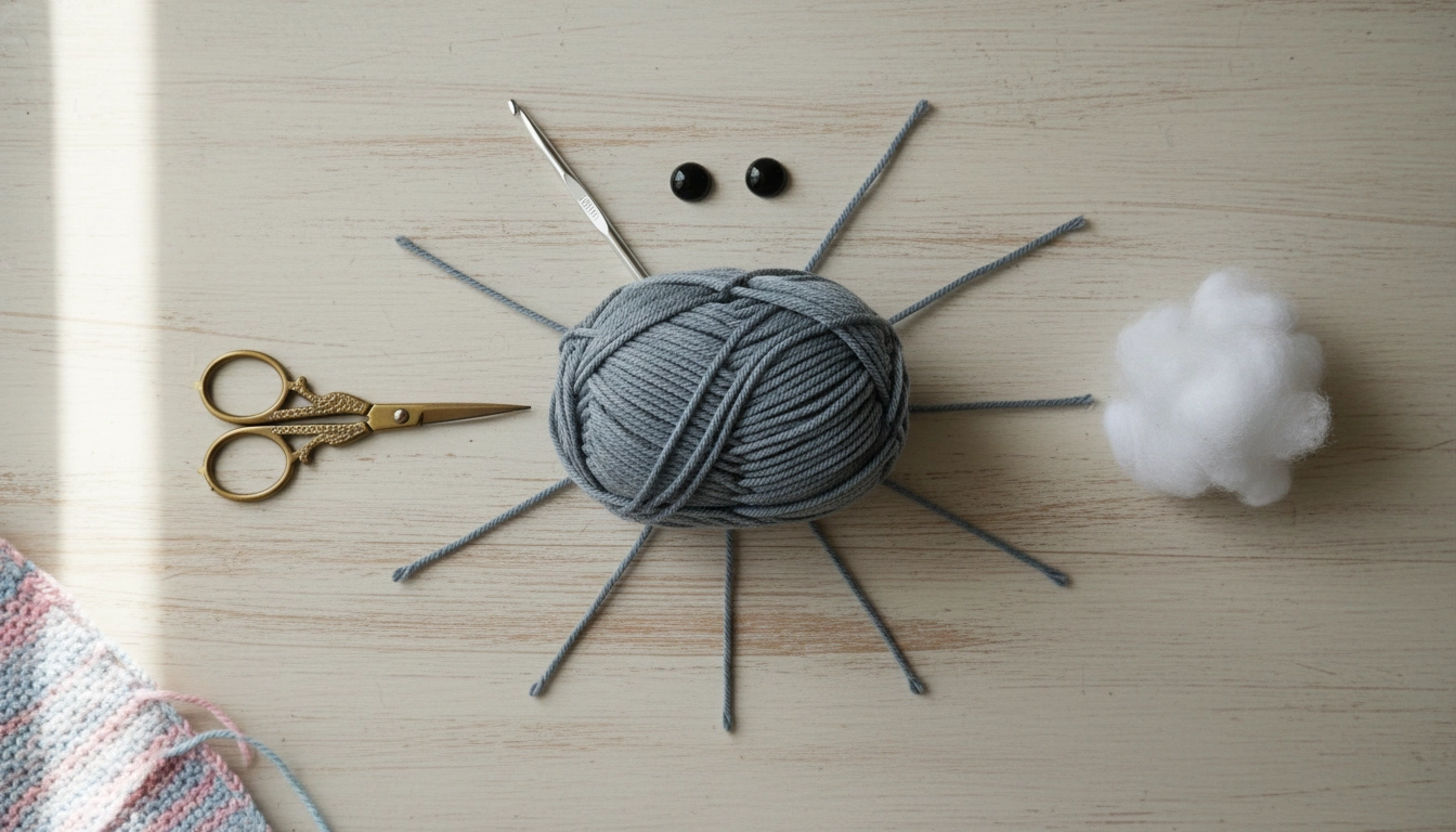 A flat lay of slate grey yarn, a silver 3.25mm crochet hook, safety eyes, and a tapestry needle for a Crochet Hippo Pattern.