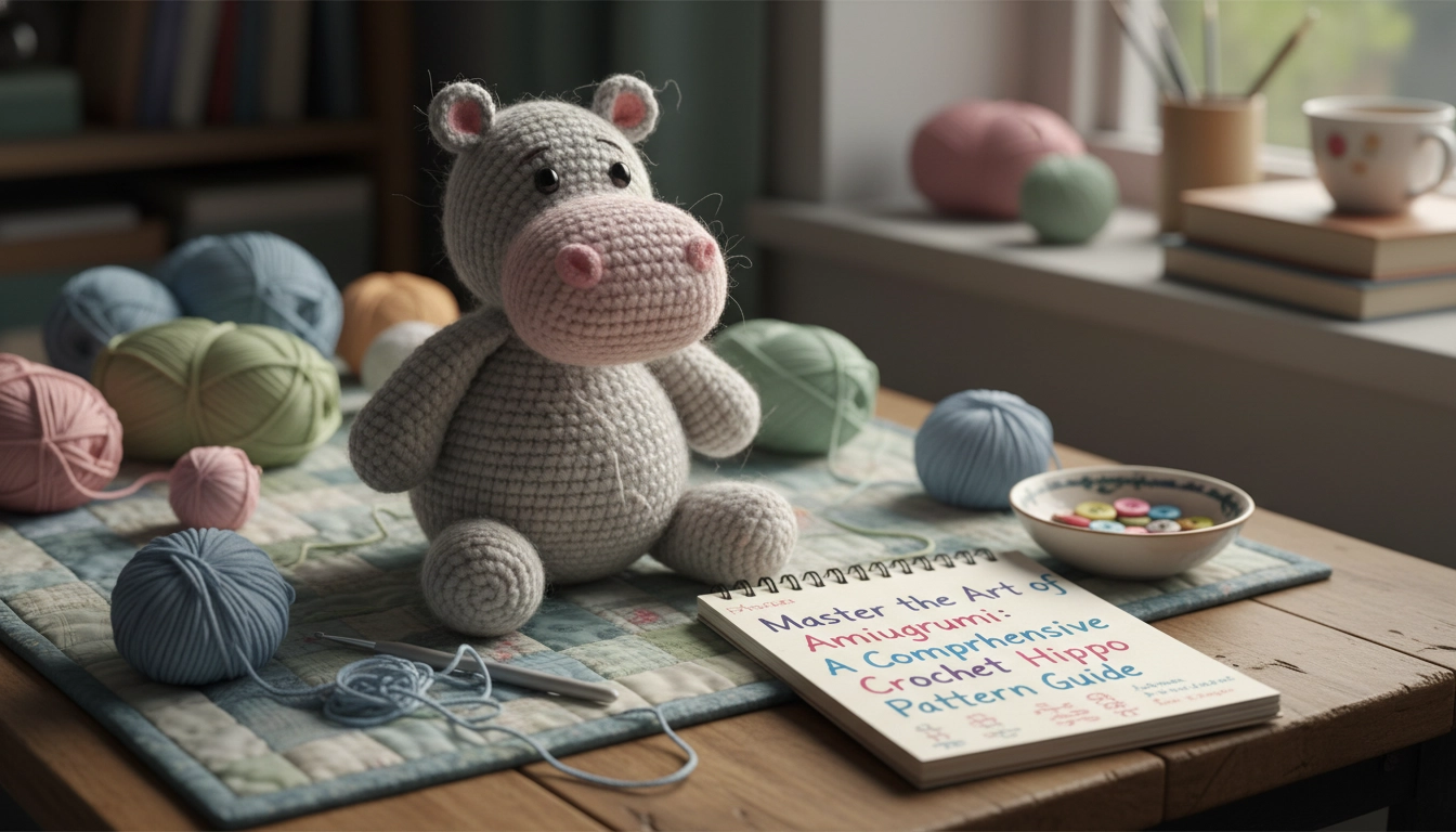 A finished grey amigurumi hippo made using a Crochet Hippo Pattern sitting on a wooden craft table surrounded by yarn scraps.