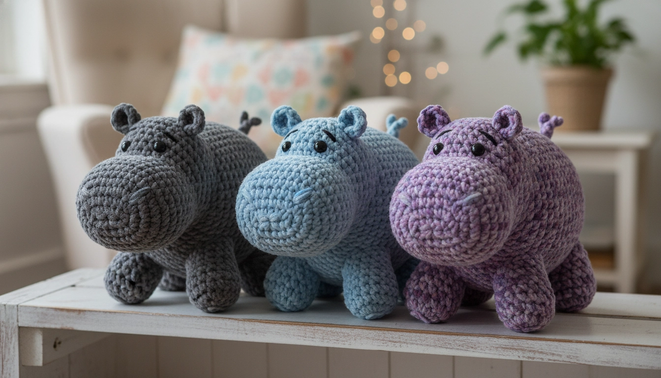 Three crochet hippos in different colors—slate grey, dusty blue, and variegated purple—standing together.
