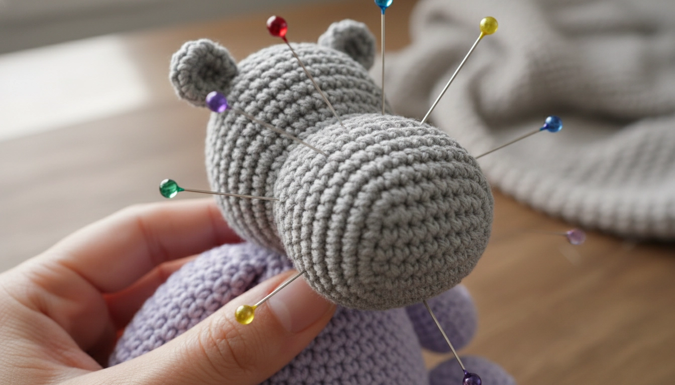 A crochet hippo head being pinned to the body using long glass-headed pins to ensure symmetry.