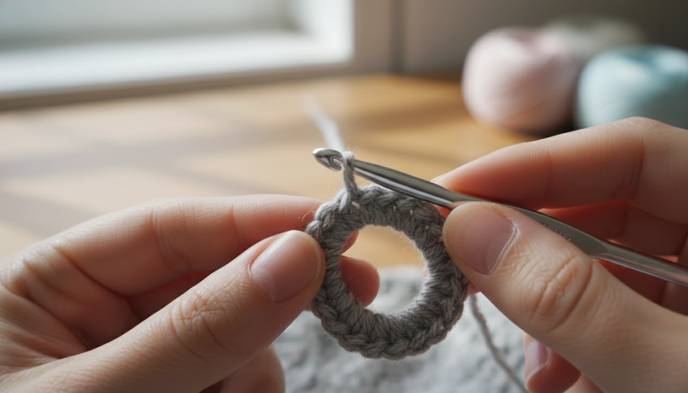A hand holding a crochet hook and grey yarn, demonstrating the start of a magic ring for a Crochet Hippo Pattern.