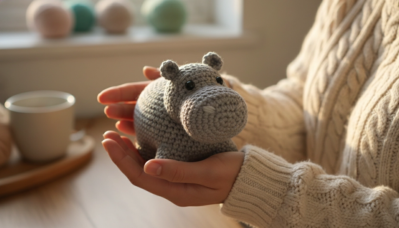 A pair of hands cupping a finished grey crochet hippo against a cozy sweater background.