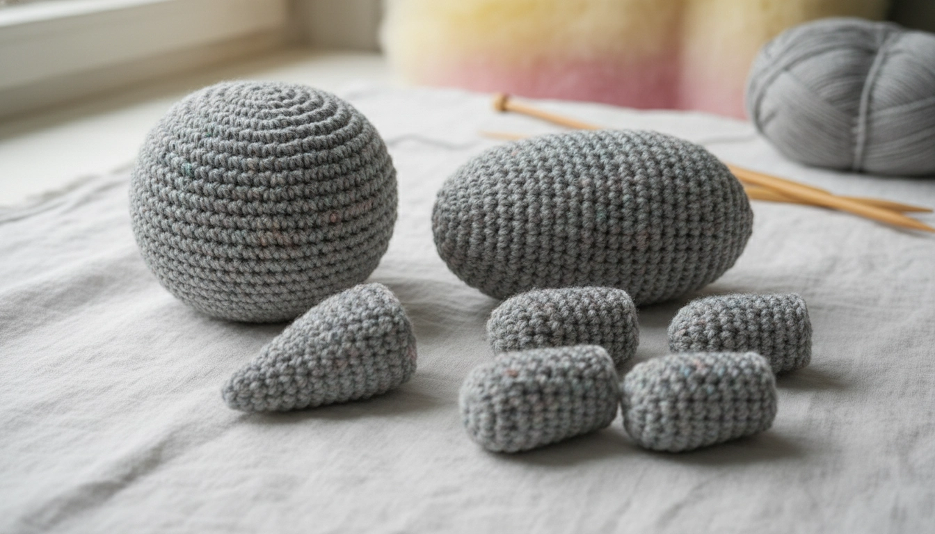 A collection of separate crochet pieces including a head, body, four legs, and a snout for a Crochet Hippo Pattern.