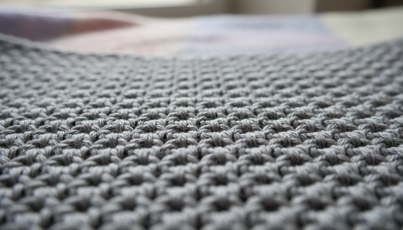 A macro view of tight, grey crochet stitches showing the dense fabric required for a Crochet Hippo Pattern.