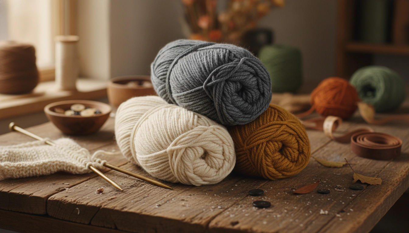Several skeins of high-quality organic cotton and merino blend yarn in earthy, matte tones.
