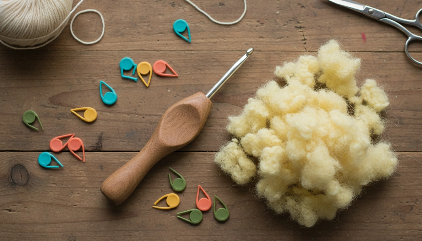 An ergonomic crochet hook, locking stitch markers, and a pile of sustainable corn fiber stuffing.