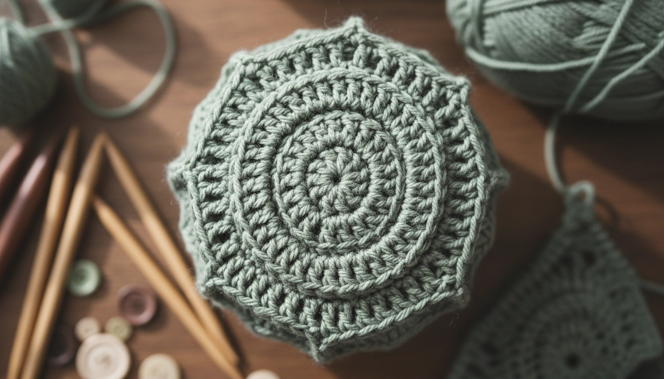 A close-up view of tight crochet stitches forming a spherical shape in continuous rounds.