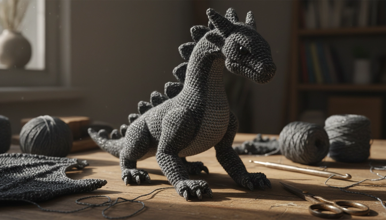A sophisticated, monochromatic charcoal-colored crochet dragon with metallic thread accents.