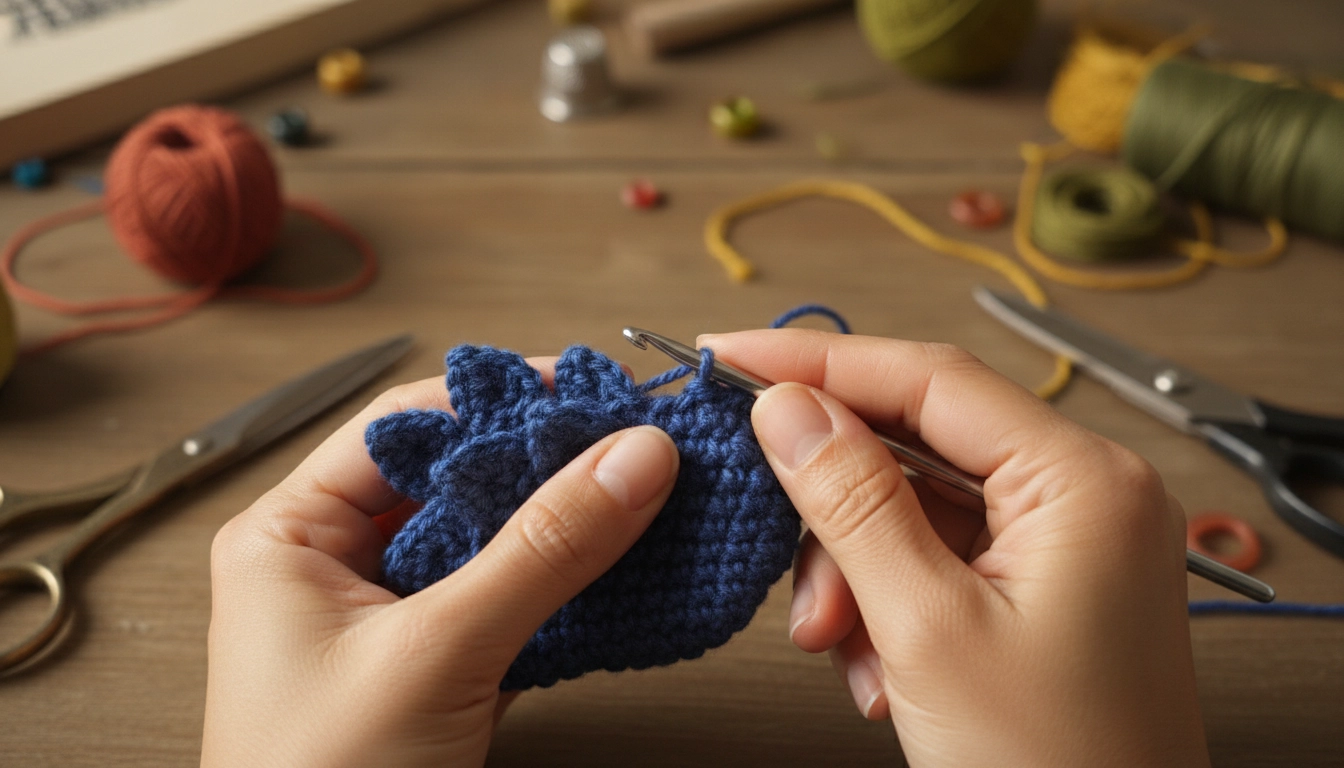 A pair of hands using a crochet hook to work on a small, green-toned amigurumi dragon head.