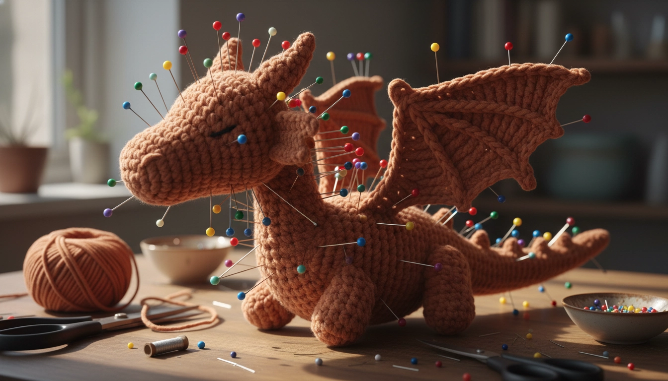 A crochet dragon body with wings and limbs held in place by long, colorful sewing pins.