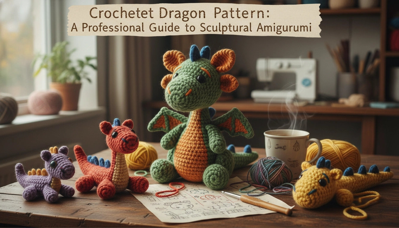A charmingly handmade amigurumi dragon created from a Crochet Dragon Pattern, sitting on a rustic wooden table.