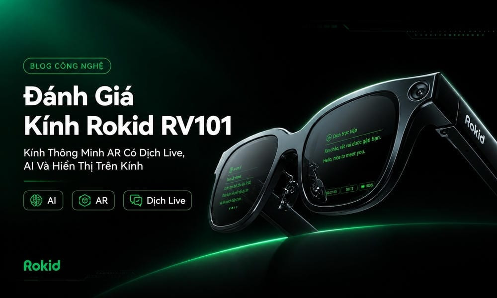 Bộ sản phẩm Rokid RV101 bao gồm kính, hộp đựng và các phụ kiện sạc, làm sạch.