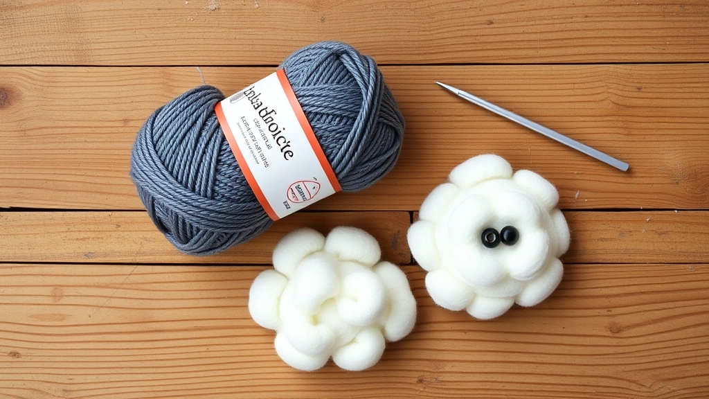 A flat lay of mercerized cotton yarn, a small steel crochet hook, and safety eyes for a Crochet Mouse Pattern.