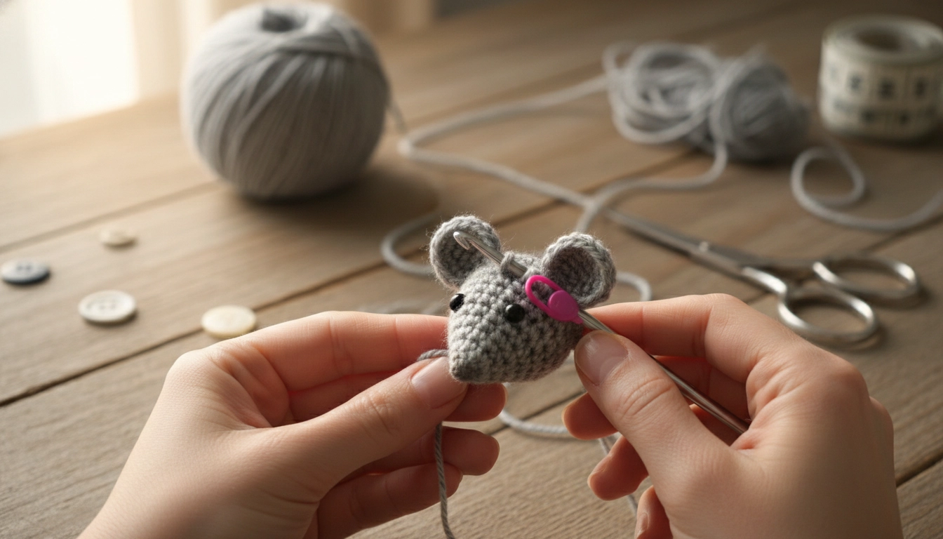 A half-finished crochet mouse body being worked on with a steel hook.