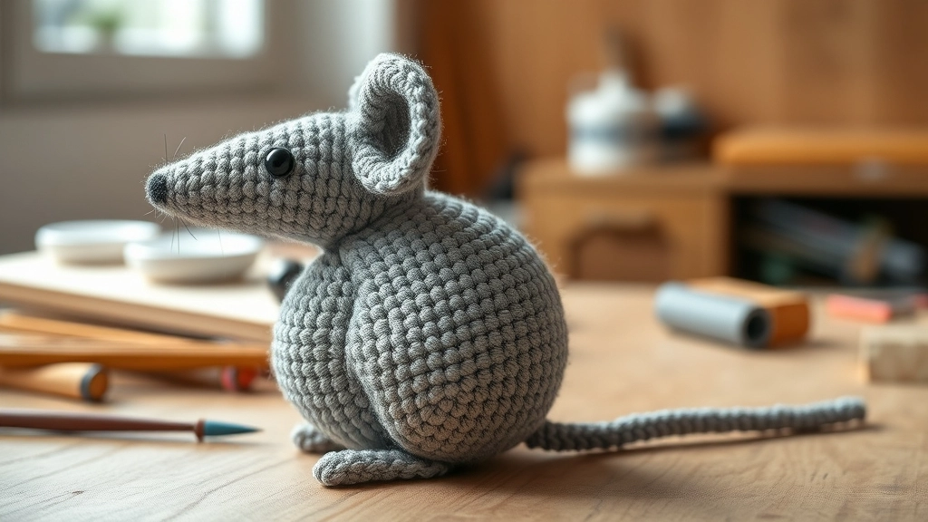 A side profile of a crochet mouse showing a distinct teardrop shape and firm structure.