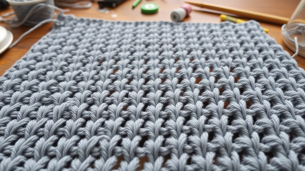 Extreme close-up of dense single crochet stitches in a grey yarn.